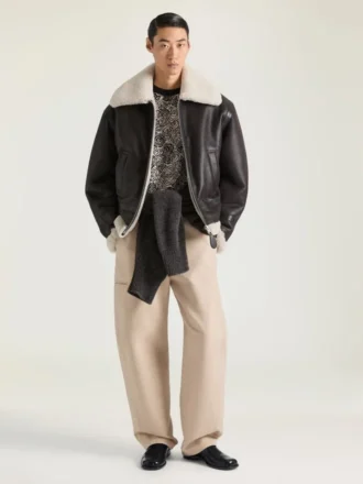 Blouson aviateur en cuir et peau de mouton avec coutures couture