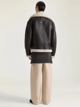 Blouson aviateur en cuir et peau de mouton avec coutures couture