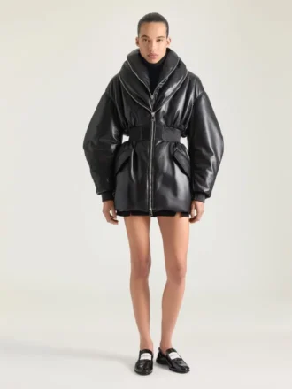 Bomber coupe sablier avec col châle zippé en cuir