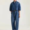 Chemise cocon courte en denim bleu moyen Chemise cocon courte en denim bleu moyen