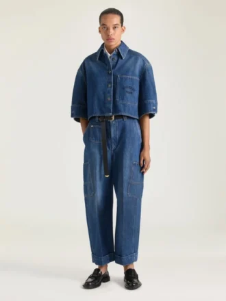 Chemise cocon courte en denim bleu moyen