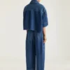 Chemise cocon courte en denim bleu moyen Chemise cocon courte en denim bleu moyen