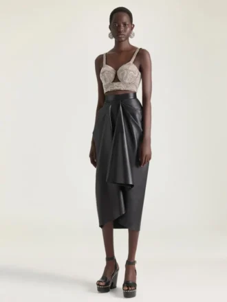 Jupe midi drapée en cuir nappa