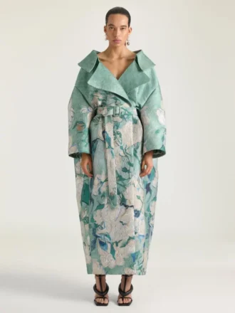 Manteau long fendu en jacquard Roses