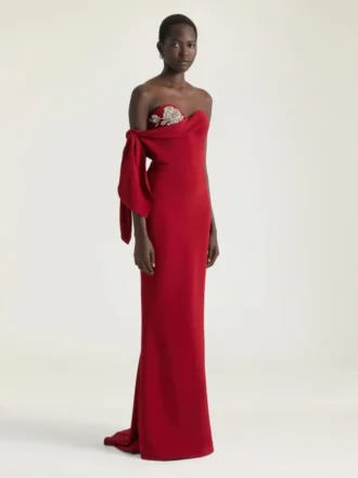 Robe bustier longue de soirée en crêpe avec nœud et paillettes Robe bustier longue de soirée en crêpe avec nœud et paillettes