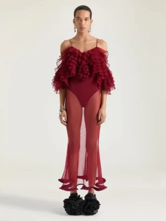 Robe longue à volants en maille ultra-fine