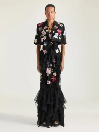Veste courte à simple boutonnage en laine avec broderies